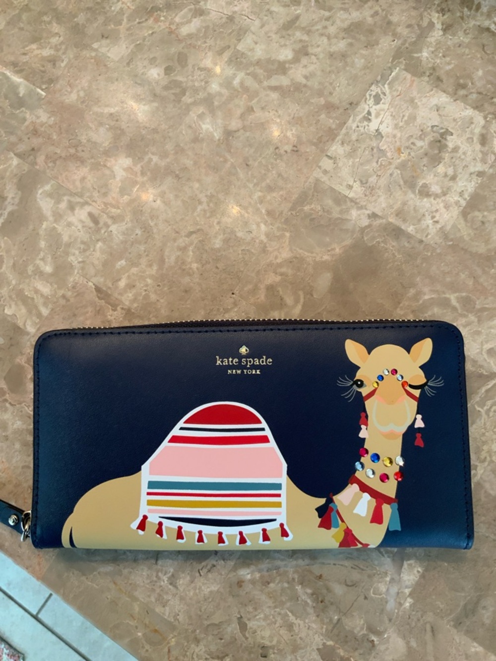 kate spade Novelty Camel Leather navy gold zip-around continental wallet EUC - Picture 10 of 16